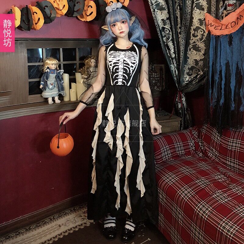 万圣节服装女暗黑系恶魔鬼新娘长裙黑暗幽灵吸血鬼恐怖骷髅僵尸装