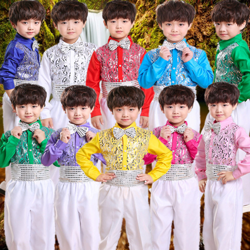 儿童大合唱演出服装男童主持人亮片礼服表演服中小学生诗歌朗诵服