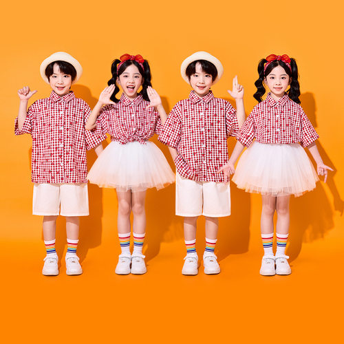 六一儿童演出服小学生合唱服表演运动会草莓格子啦啦操幼儿园班服