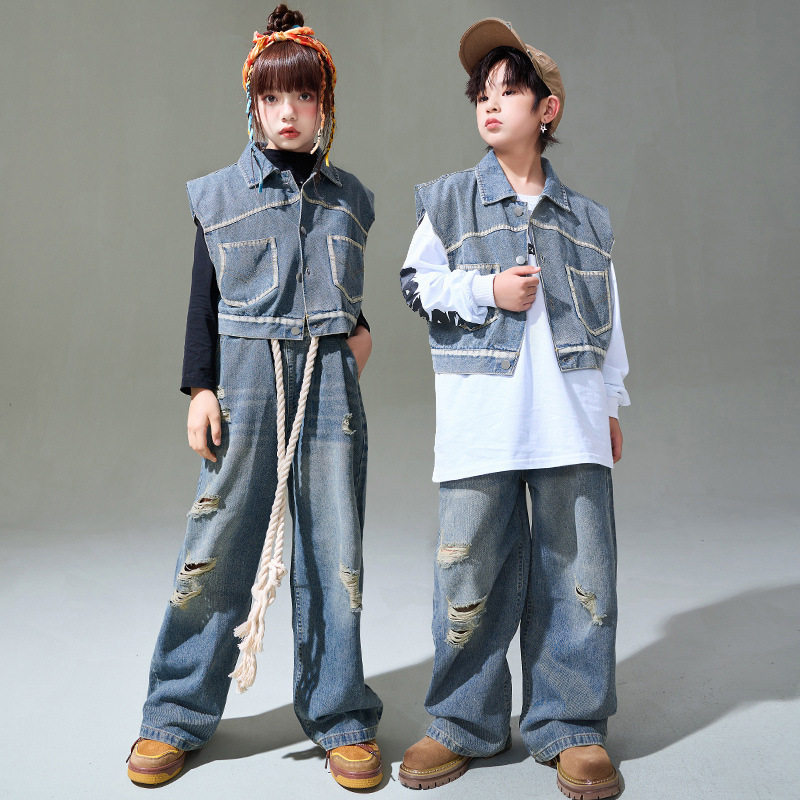 女童爵士舞服装街舞儿童潮服演出服男童牛仔工装hiphop嘻哈表演服