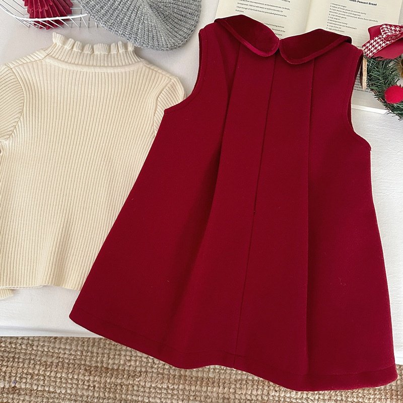 女童红色毛呢背心裙冬季2025新款宝宝加绒连衣裙儿童加厚过年裙子