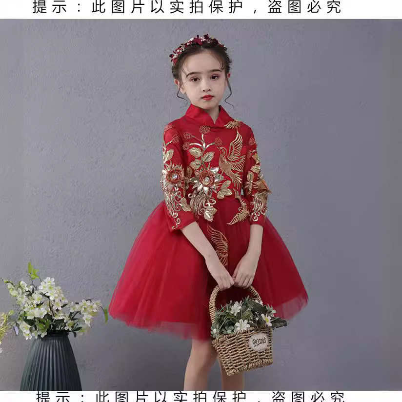 新春喜庆女童演出服开场舞儿童舞蹈表演服公主裙唐装诗歌朗诵纱裙
