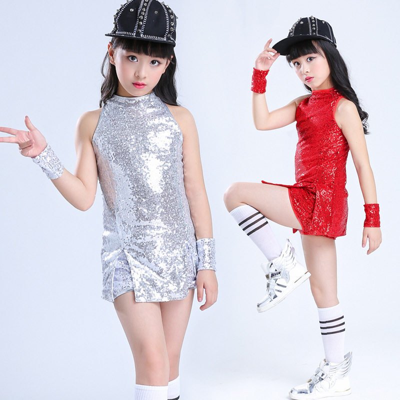 新款儿童现代舞女童装套装演出服短袖燕尾爵士舞嘻哈童装运动表演