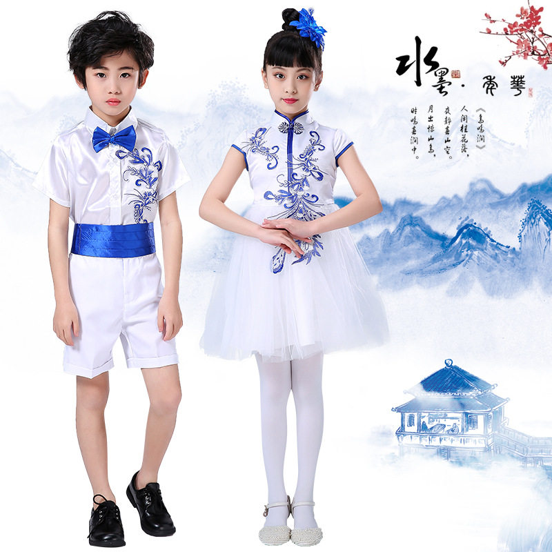 六一儿童演出服中小学生诗歌朗诵大合唱比赛服装青花瓷古筝表演服