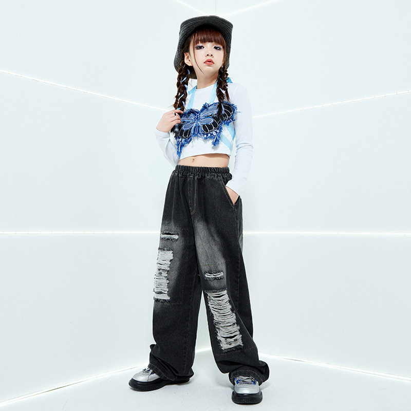 女童爵士舞服装儿童jazz套装演出服女孩走秀表演街舞潮服牛仔裤酷