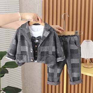 男童新款春秋款时尚格子领结假四件西服长袖三件套潮儿童礼服