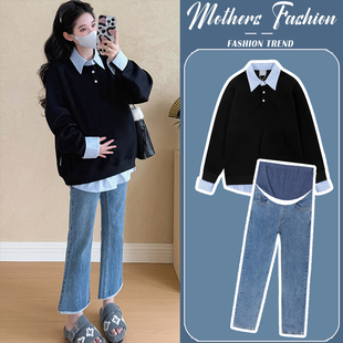 两件套 黑色休闲加厚拼接卫衣潮妈上衣牛仔裤 孕妇套装 秋冬2025新款