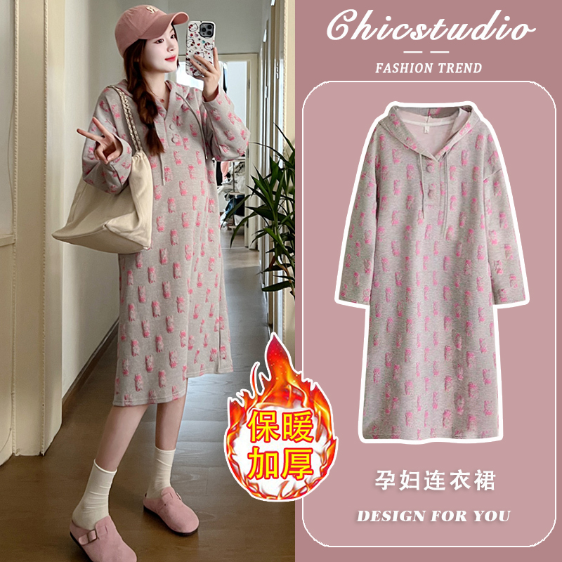 孕妇连衣裙连帽宽松一件穿到生