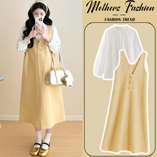 毛呢潮妈黄色背心裙上衣两件套女 韩版 孕妇连衣裙套装 秋冬2025新款