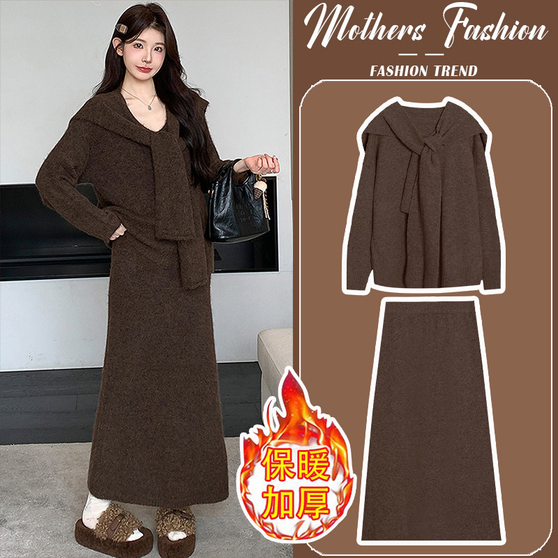 孕妇连衣裙咖色套装秋冬2025新款