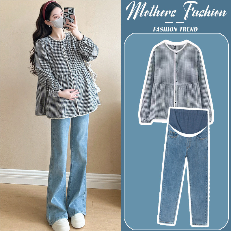 孕妇套装春秋2026新款时尚洋气宽松格子娃娃衫上衣牛仔裤两件套女,孕妇装/孕产妇用品/营养,连衣裙,淘宝优惠券,粉丝福利购,淘宝优惠卷