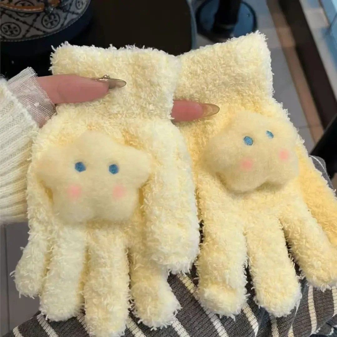 新款奶黄星星月亮珊瑚绒手套保暖学生冬季户外骑行五指手套防冻