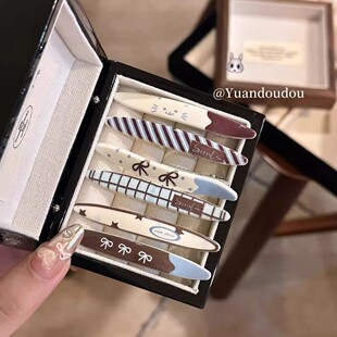 盐系少女猫咪蓝咖色系条纹发夹百搭少女侧边刘海夹发卡夹子头饰