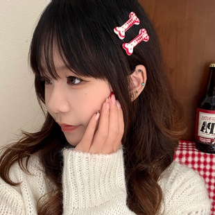 新年小礼品红色系发夹小狗骨头趣味甜妹奶油风侧边刘海夹少女碎骨