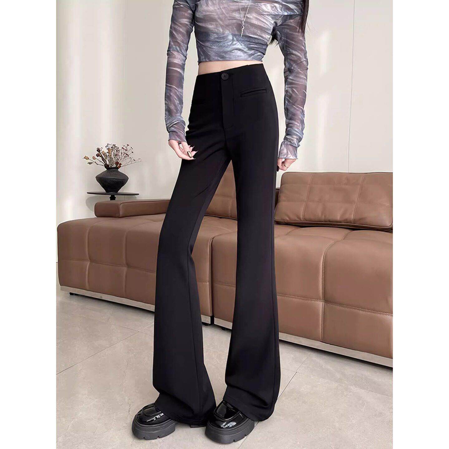 Canary Kiss黑色高腰微喇裤女2026春夏新款小个子垂感修身西装裤