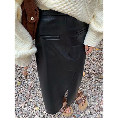 Mere Kore包臀pu皮裙半身裙女秋冬中长款开叉显瘦a字高腰直筒裙子