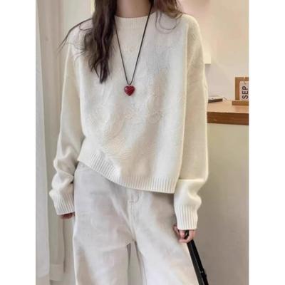 法国ROUJE NAIVE高端提花设计感羊绒针织衫显瘦上衣圆领长袖毛衣