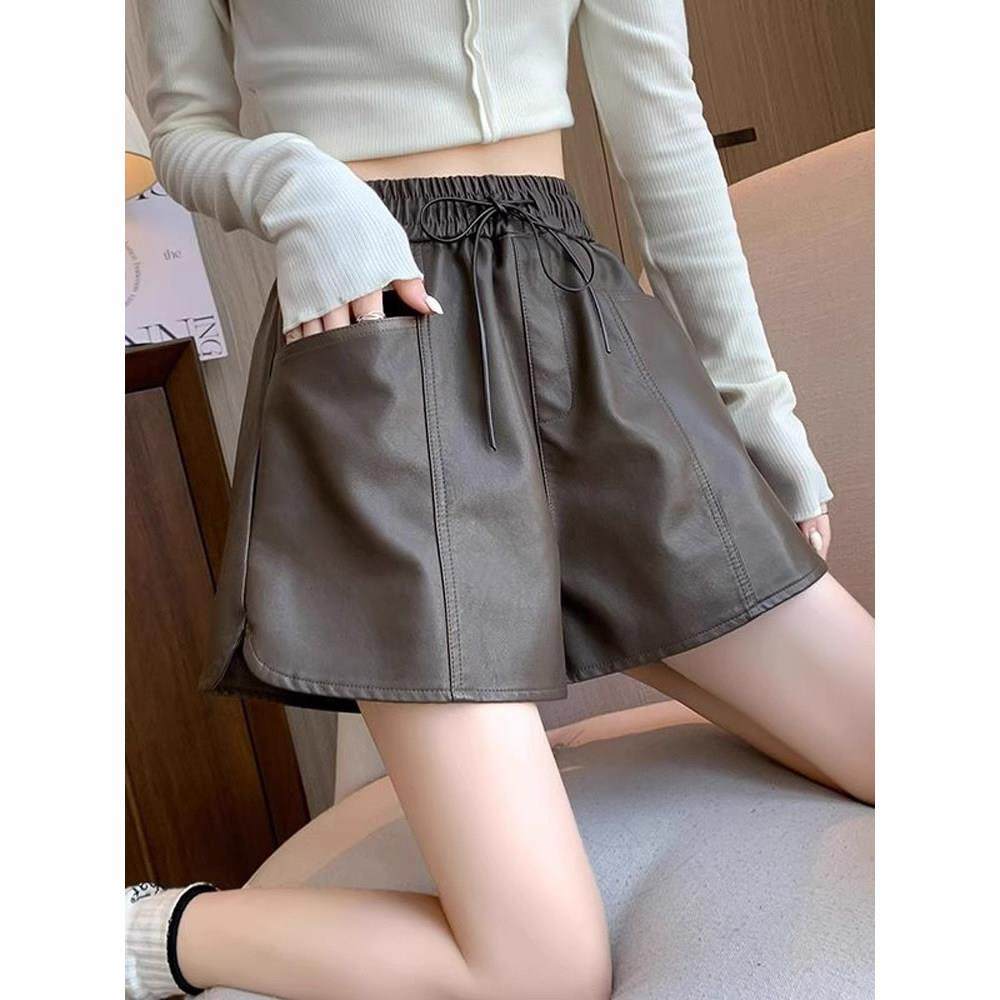 高腰真皮短裤女小个子2025年秋冬季新款绵羊皮松紧腰显瘦阔腿靴裤,女装/女士精品,休闲裤,淘宝优惠券,粉丝福利购,淘宝优惠卷