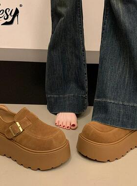 英国真皮厚底勃肯鞋女2025新款秋冬松糕增高一脚蹬单鞋百搭乐福鞋