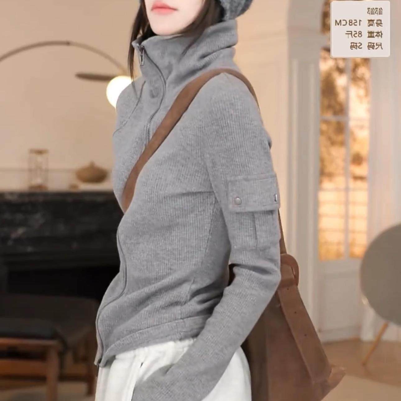 JOMGNE灰色双拉链高领开衫卫衣女2025新款设计感口袋百搭显瘦外套