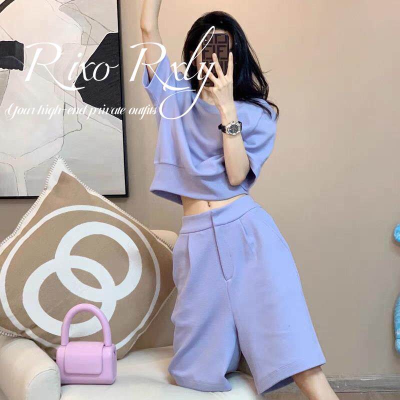 RIXO RXLY纯棉T恤运动服套装女士夏季宽松休闲跑步短袖短裤两件套