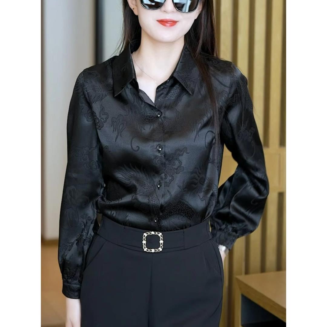 黑色提花缎面长袖衬衫女士2025春秋新款时尚气质宽松显瘦高端上衣