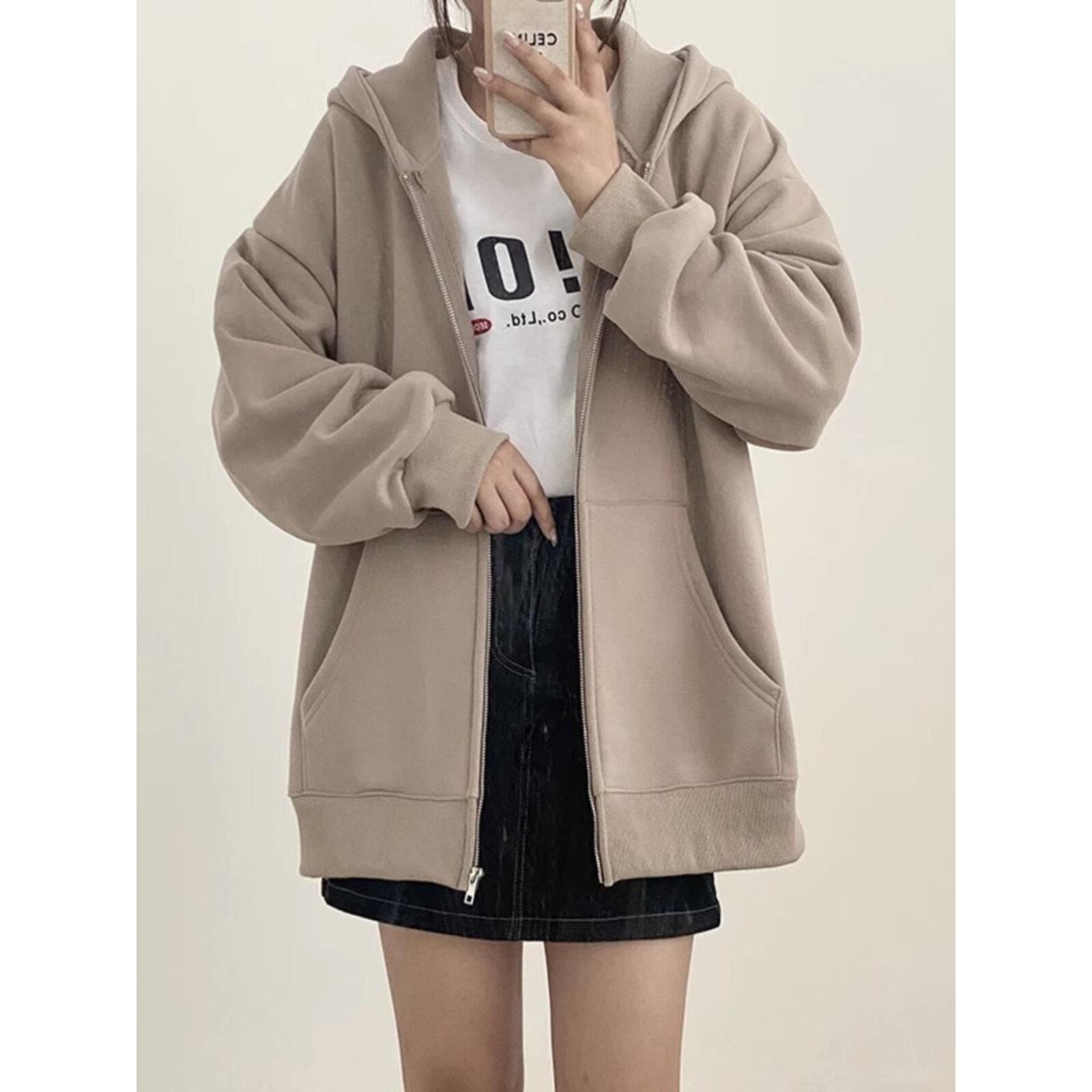 奶茶色外套女春秋2025新款纯色开衫卫衣宽松休闲连帽拉炼运动上衣