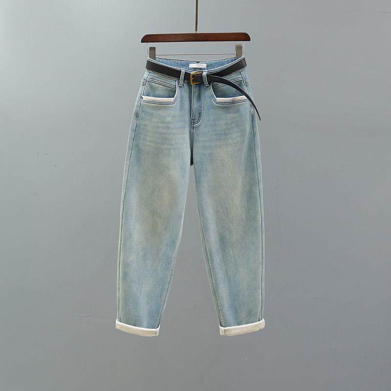 韩国春秋新款浅蓝色高腰哈伦牛仔裤女加绒加厚宽松休闲老爹萝卜裤