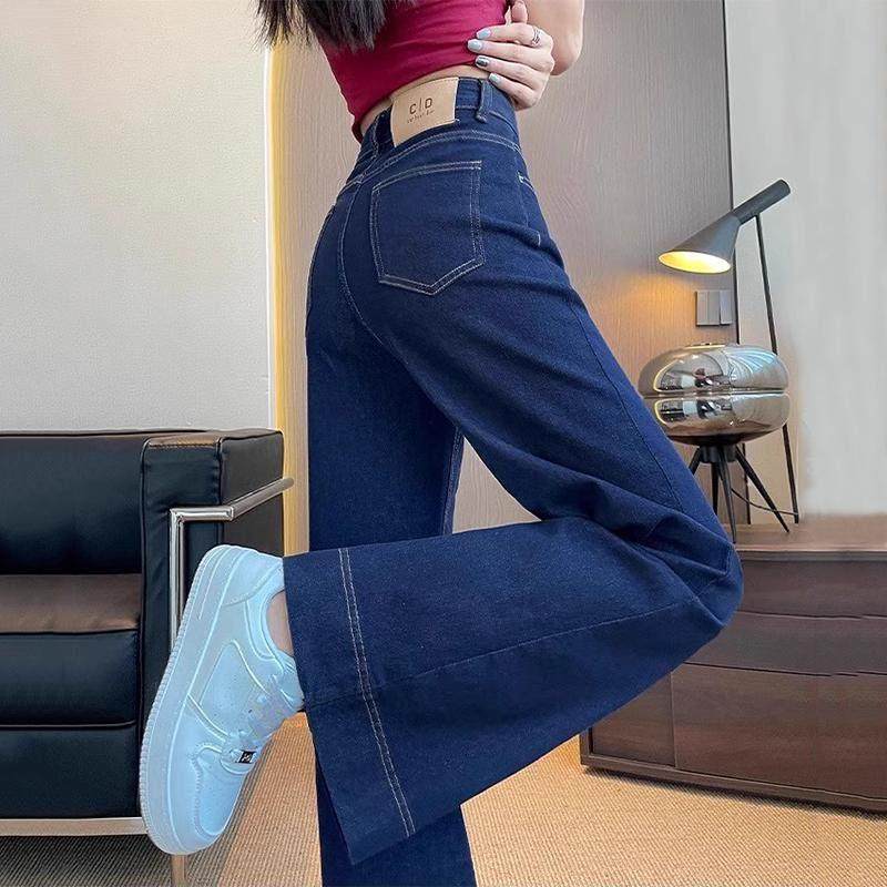 丹宁蓝阔腿牛仔裤女2025春秋新款加绒高腰显瘦垂感窄版直筒裤子女