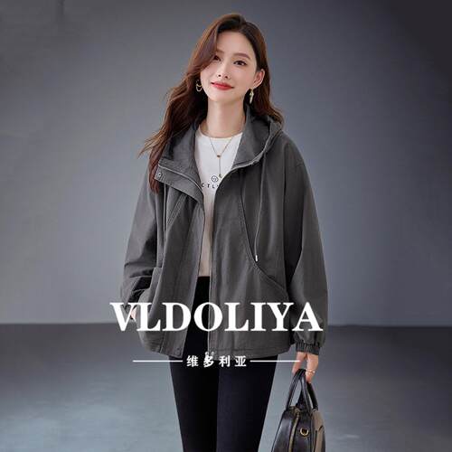 VLDOLIYA维多利亚纯棉短款连帽外套女春季2026新款宽松风衣显瘦