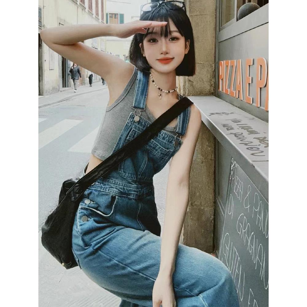 覆古的年龄减少牛仔工作服的妇女夏季新设计利基瘦身宽松直阔腿连