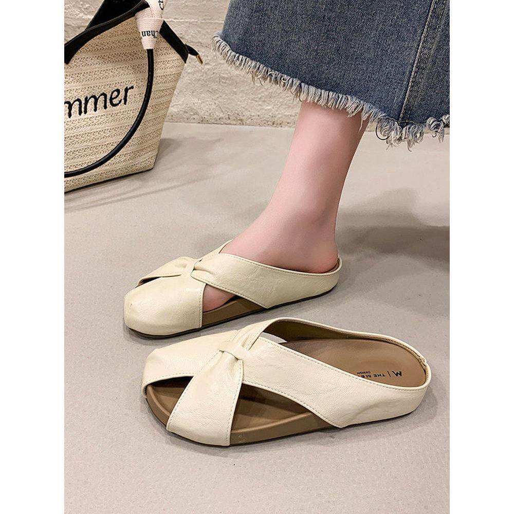 英国真皮平底勃肯包头半拖女外穿2026夏新款时尚镂空配裙子凉拖鞋