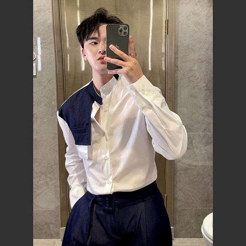 LL男装衬衫男长袖高级感痞帅休闲假两件痞帅立领设计感牛仔拼接潮