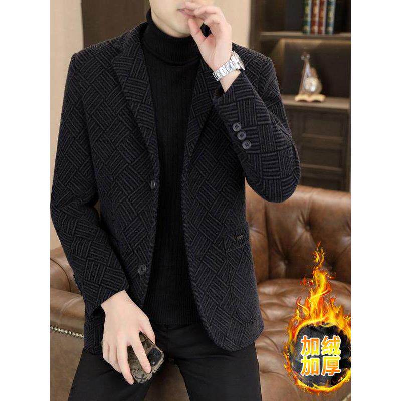 高级感毛呢西装外套男冬季新款加绒加厚商务休闲男士大码貂绒西服