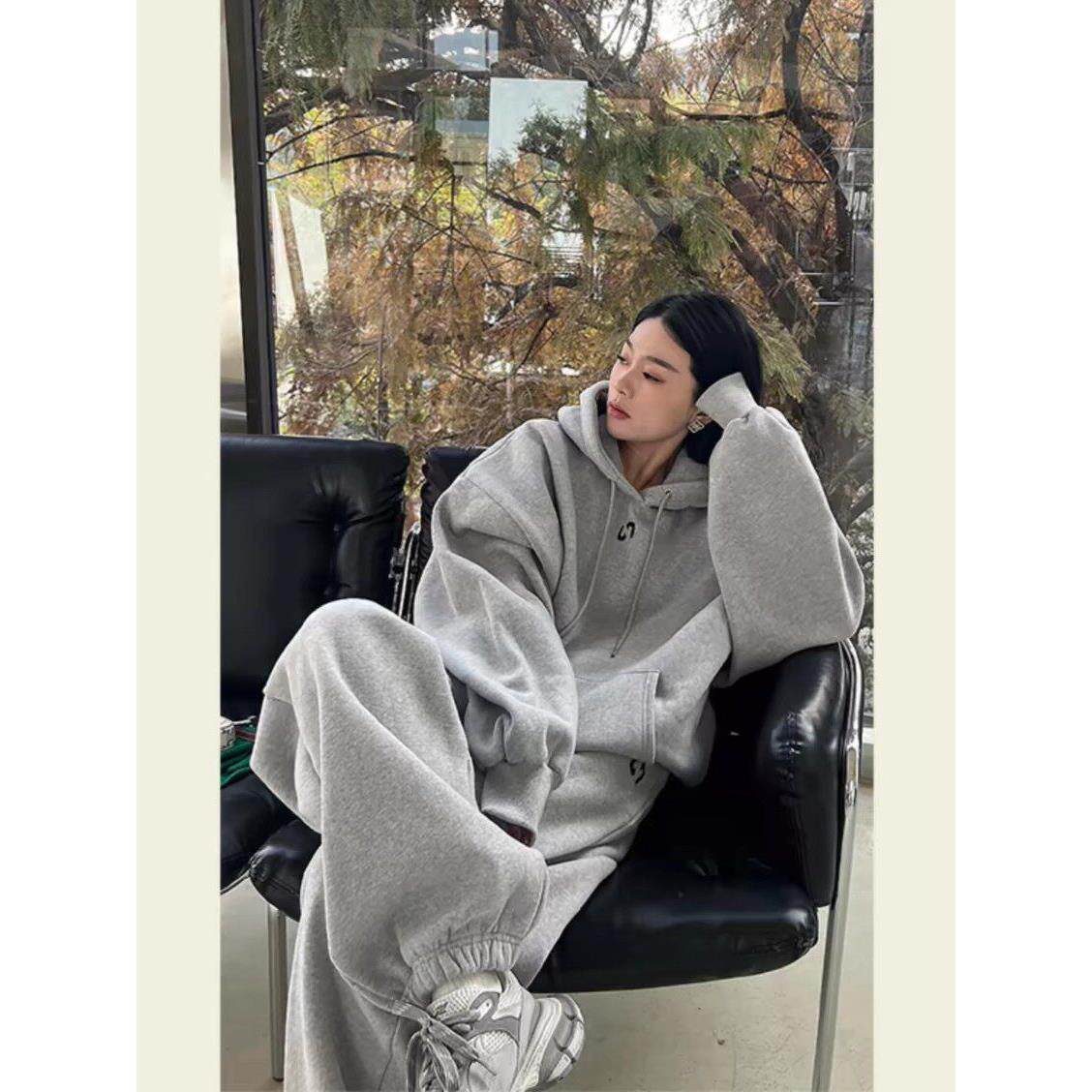 英国DGKP慵懒风运动服套装女秋季显瘦时尚连帽卫衣休闲两件套跑步