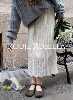法国Rouje Rosella⭐法式蕾丝加绒高腰显瘦半身裙女秋季a字中长裙