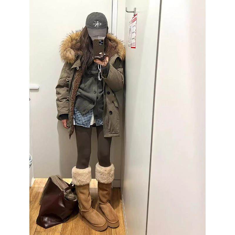 rouje bonjour大毛领工装派克棉服冬季连帽保暖加绒加厚棉衣外套