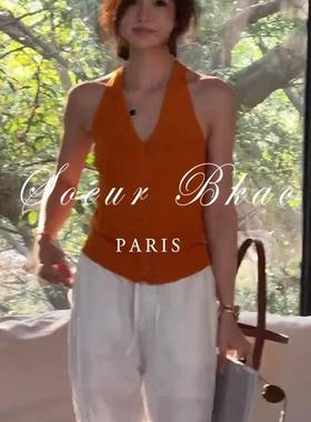 法国SOEUR BKAC橘色V领挂脖冰丝针织背心女洋气辣妹吊带无袖上衣