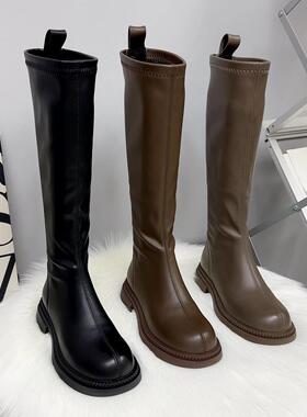 真皮胖妹妹长筒靴女2025年秋冬季新款加绒平跟后拉炼加宽骑士靴子