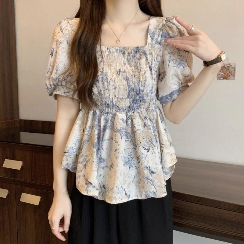 大码方领碎花雪纺衬衫女夏2025年新款设计感小众收腰洋气减龄上衣