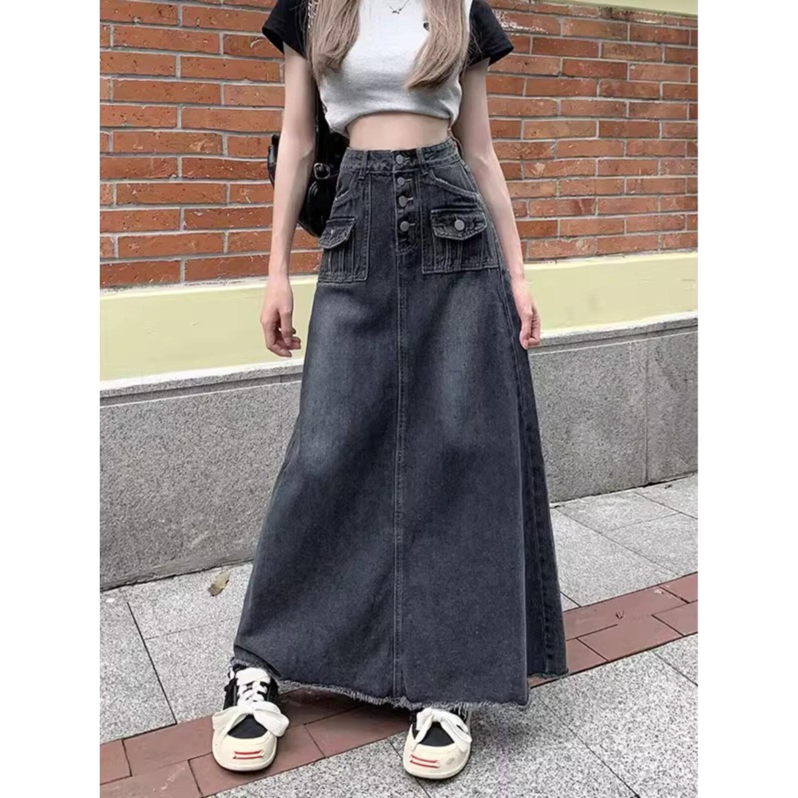 高腰牛仔半身裙女秋季大码胖mm显瘦覆古设计感小众a字中长款裙子