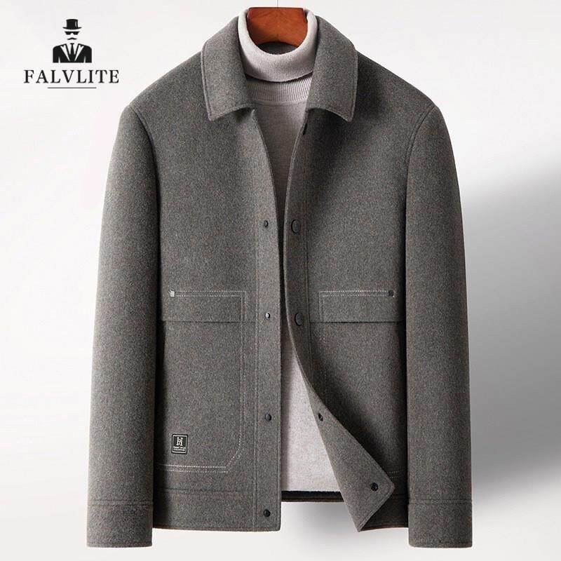 FALVLITE秋冬毛呢外套男士羽绒内胆羊毛双面呢商务夹克呢子大衣