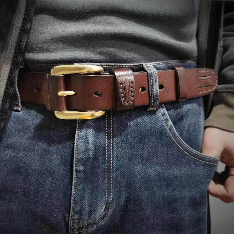 手工创意进口头层牛皮纯铜针扣皮带男士真皮休闲腰带复古牛仔裤带