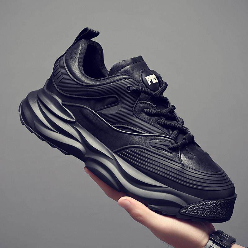 冬季新款加绒男鞋厚底增高潮牌真皮运动休闲鞋高级感黑色老爹鞋男