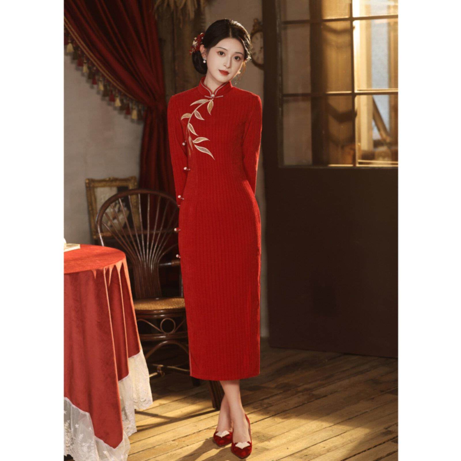 Ocnltiy【红山茶】中式出阁宴旗袍2025秋冬中国风订婚新娘礼服裙