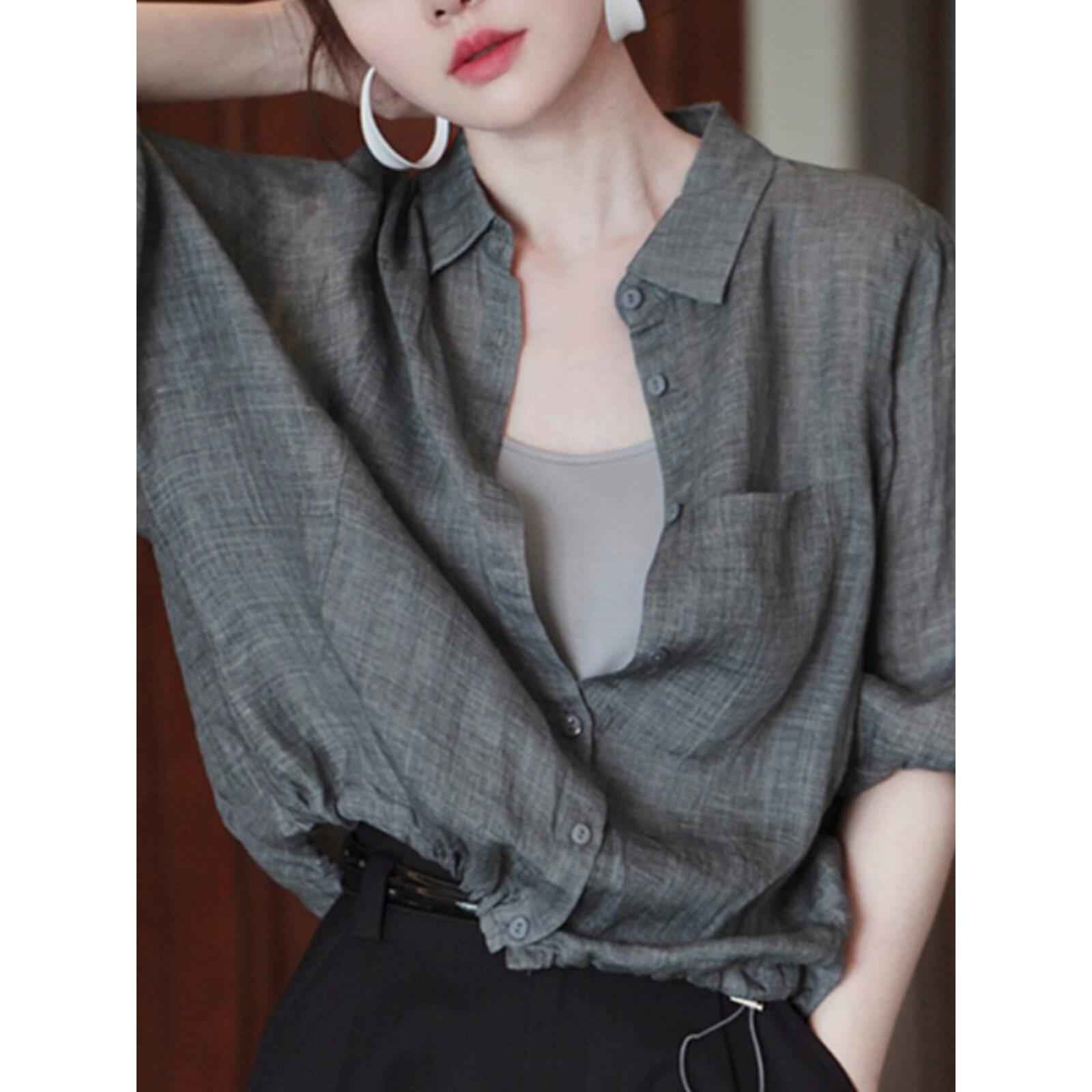 灰色翻领防晒衬衫女夏季薄款简约时尚高级感休闲宽松显瘦别致衬衣