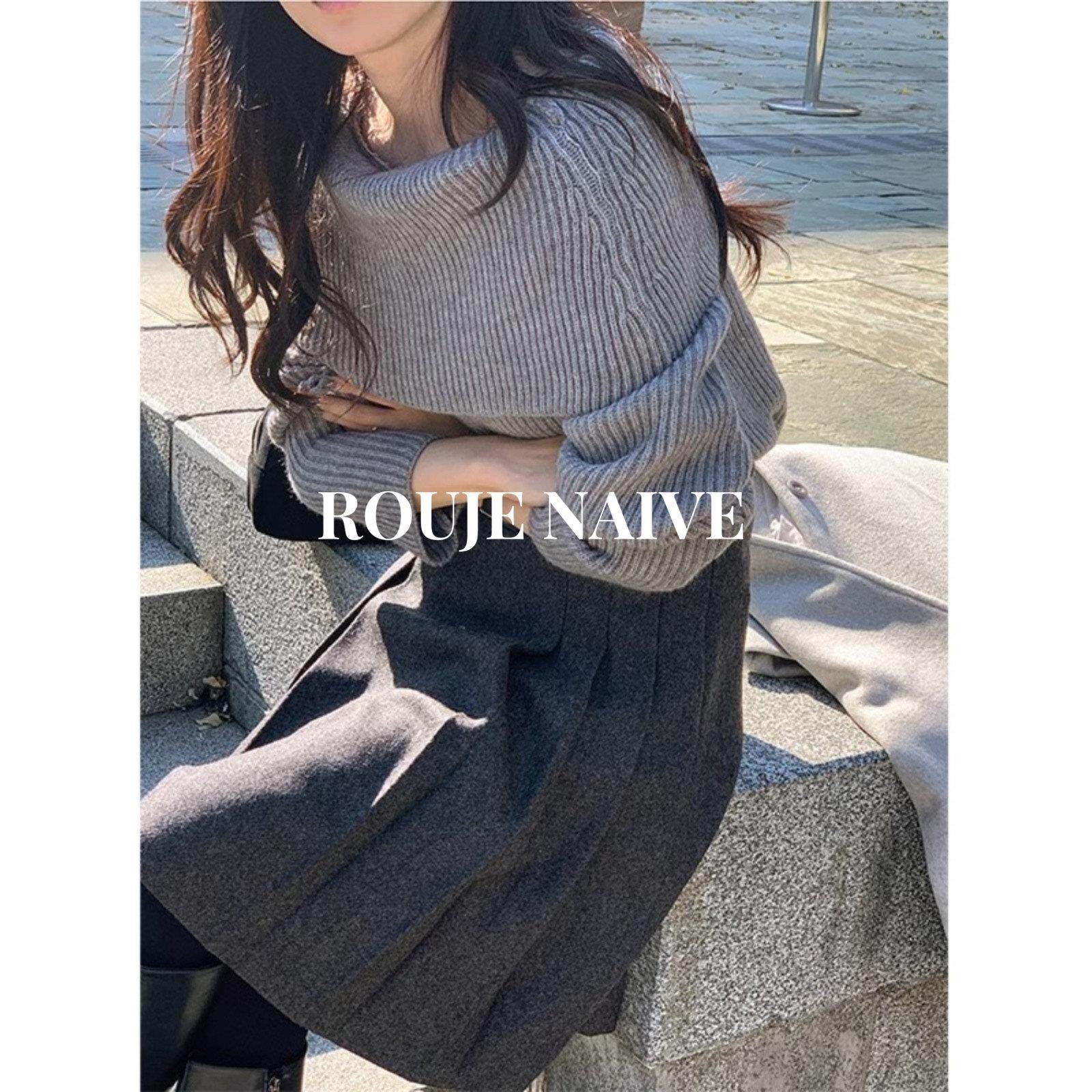 ROUJE NAIVE毛呢百褶裙子女春秋2025新款半身裙高腰半裙加厚a字裙