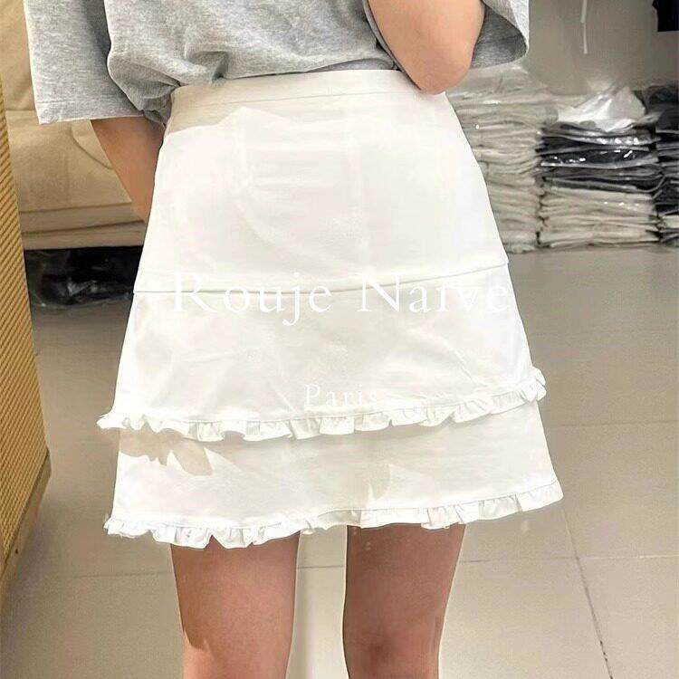 Rouje Naive白色木耳边半身裙女高腰春夏新款荷叶边显瘦a字短裙子