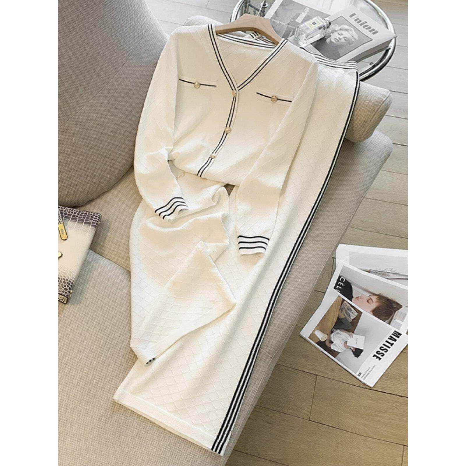 韩国气质小香风针织套装女春秋新款时尚开衫垂感阔腿裤休闲两件套