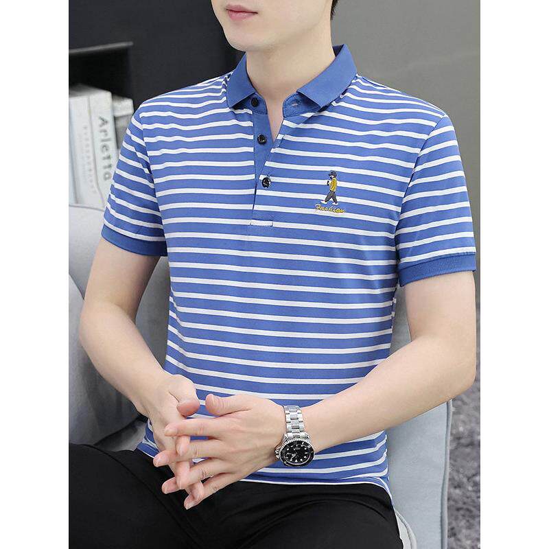 条纹短袖Polo衫男士翻领半袖t恤海魂t恤时尚休闲百搭瘦青年t恤